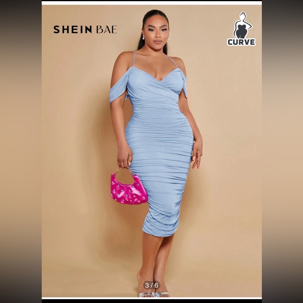 SHEIN Curve Pleated BodyCon Shoulder Cutout Dress.